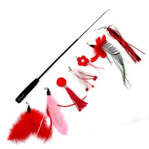 "딩동펫 & 발라당: 고양이를 위한 재미와 운동을 동시에 제공하는 장난감 세트" 1 딩동펫 고양이 컬러풀 낚싯대 8종 세트, 레드, 1세트